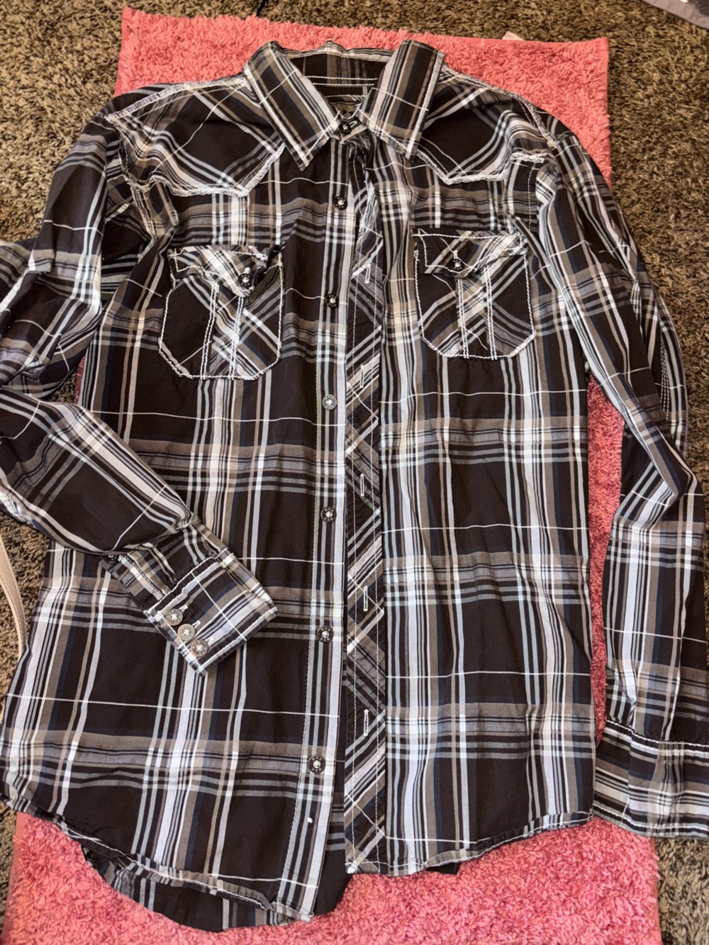 BKE Black and White Plaid Western Button-Down Shirt